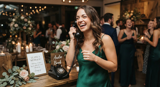 Guest laughing while leaving a message on the vintage audio guestbook phone at a wedding